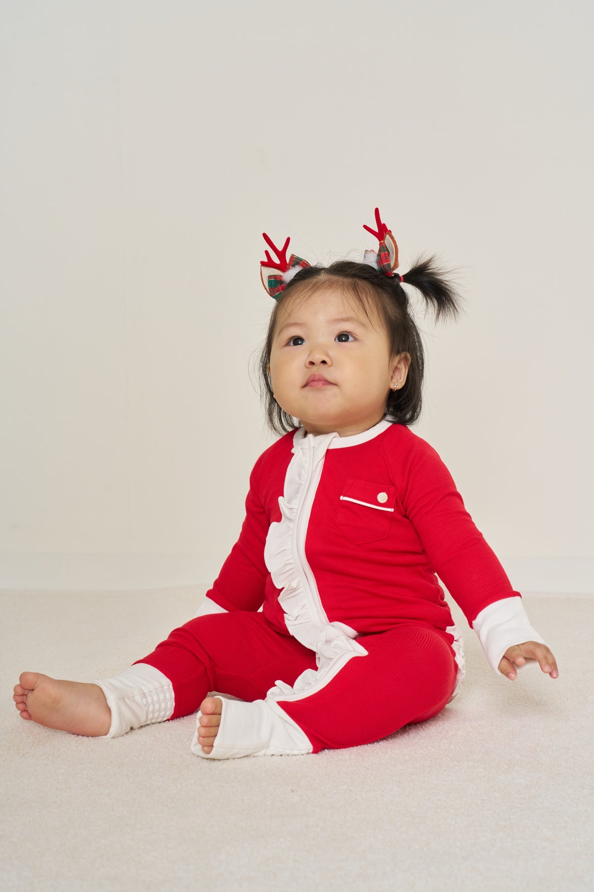 Zipper Romper with Ruffles Christmas - Candy Cane Ribbed Bamboo