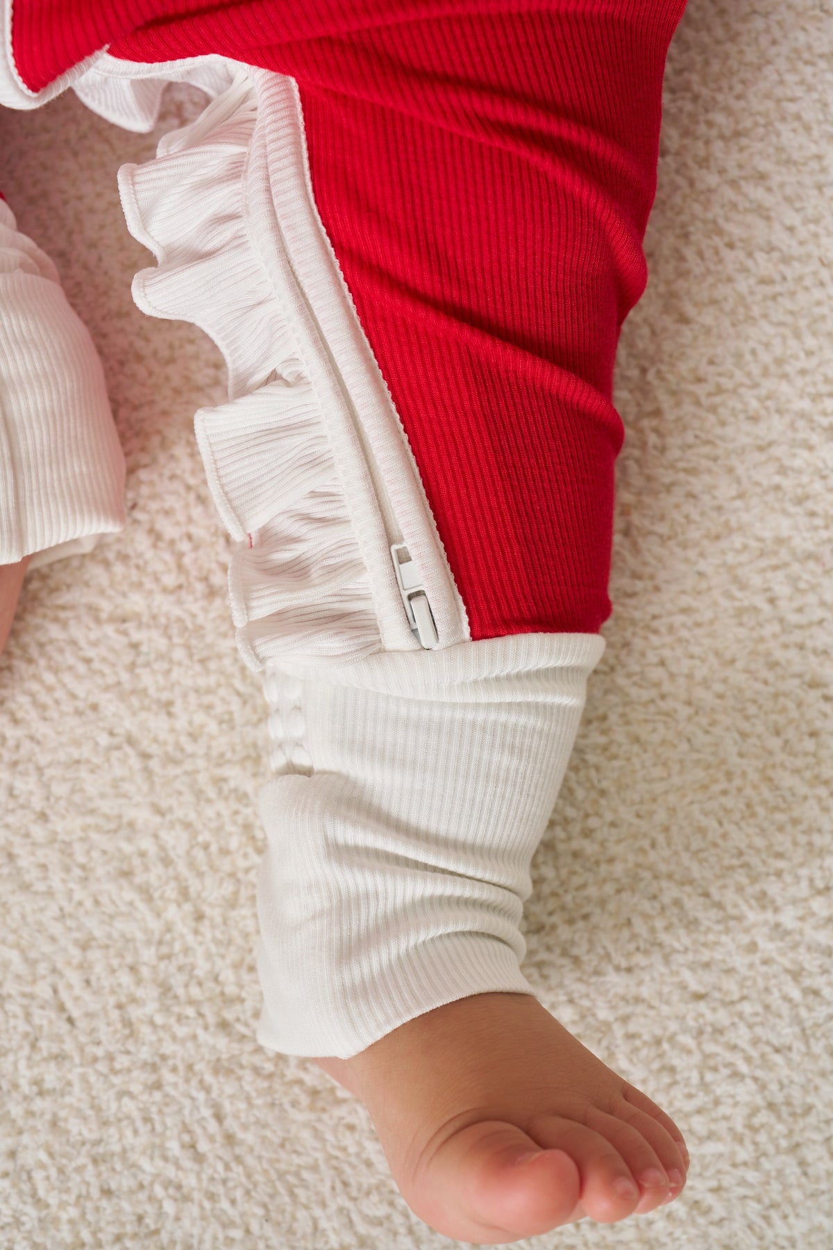 Zipper Romper with Ruffles Christmas - Candy Cane Ribbed Bamboo