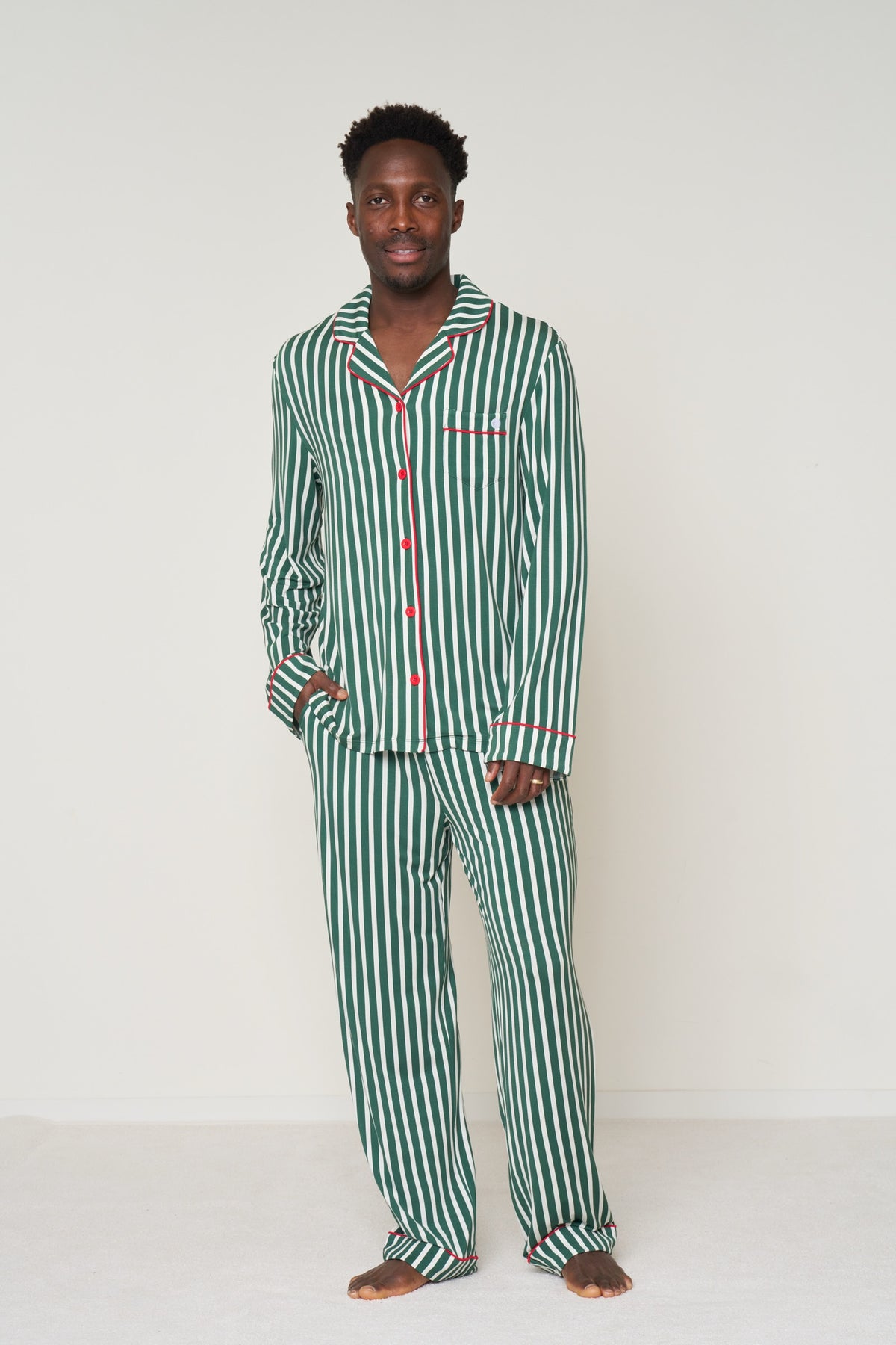 Men’s Button-Up Set Christmas - Winter Green Striped TENCEL Modal