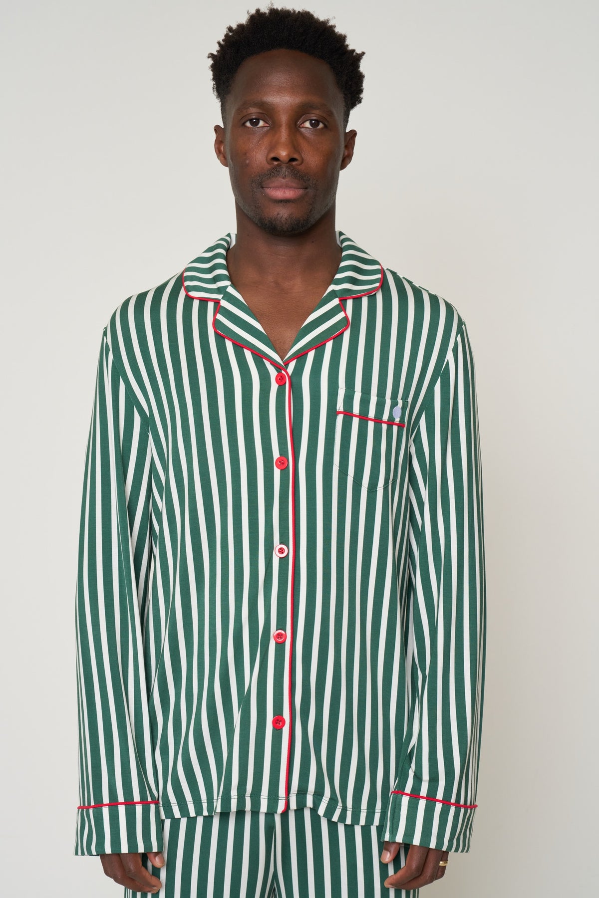 Men’s Button-Up Set Christmas - Winter Green Striped TENCEL Modal
