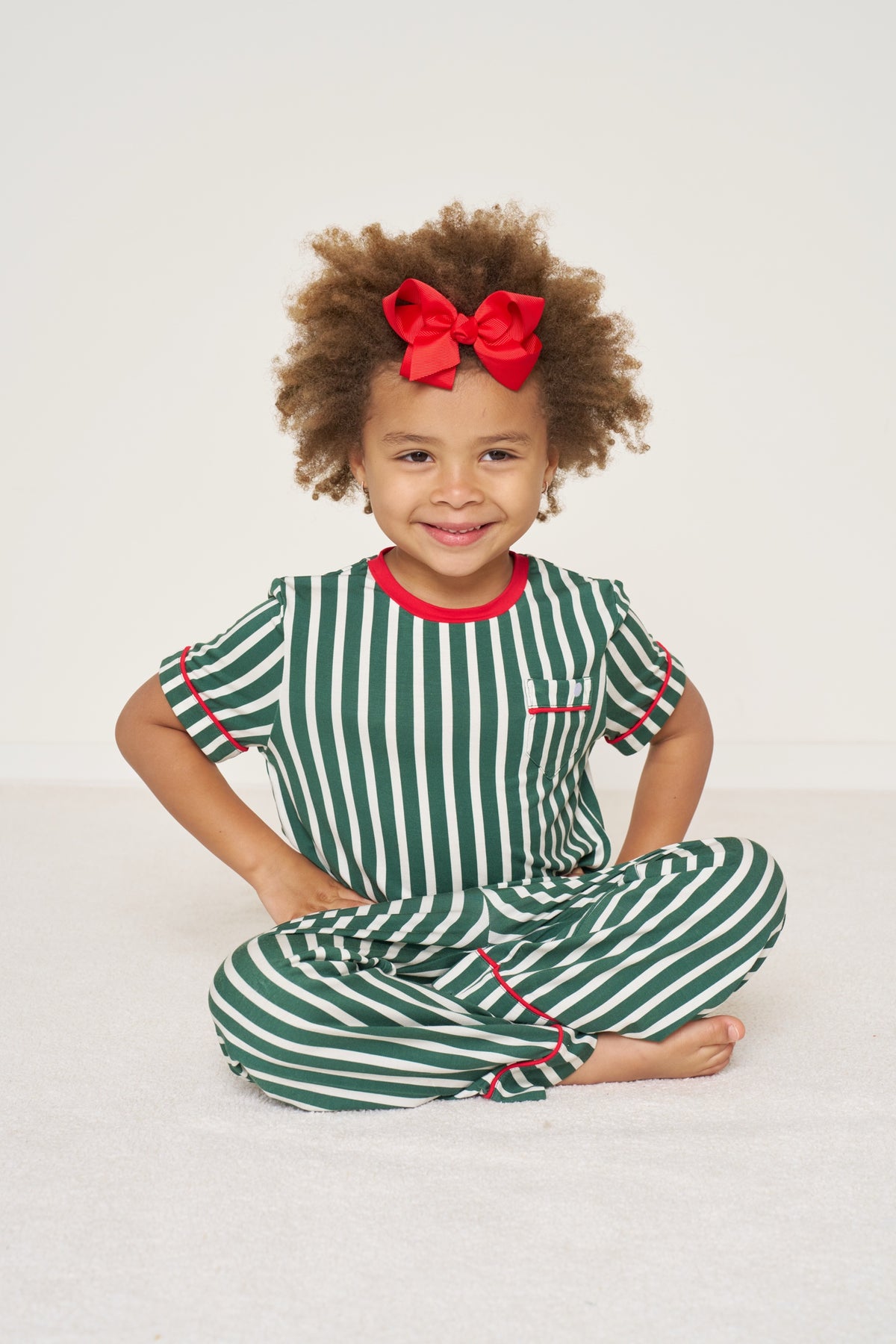 Kids' Pocket T-Shirt Set Christmas - Winter Green Striped TENCEL Modal