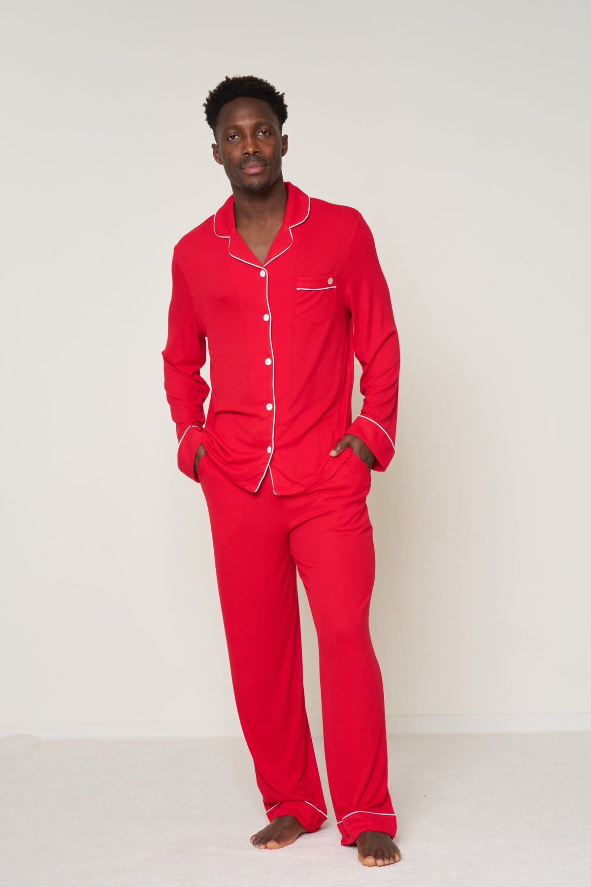 Men’s Button-Up Set Christmas - Candy Cane Ribbed Bamboo