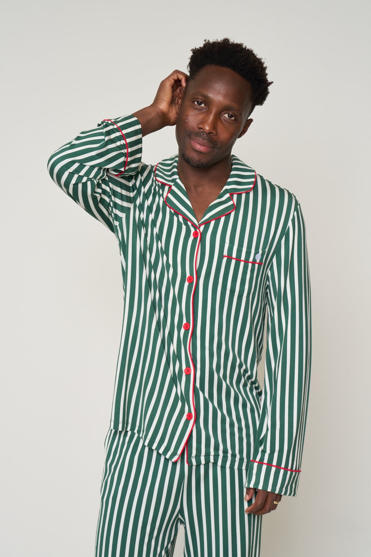 Men’s Button-Up Set Christmas - Winter Green Striped TENCEL Modal