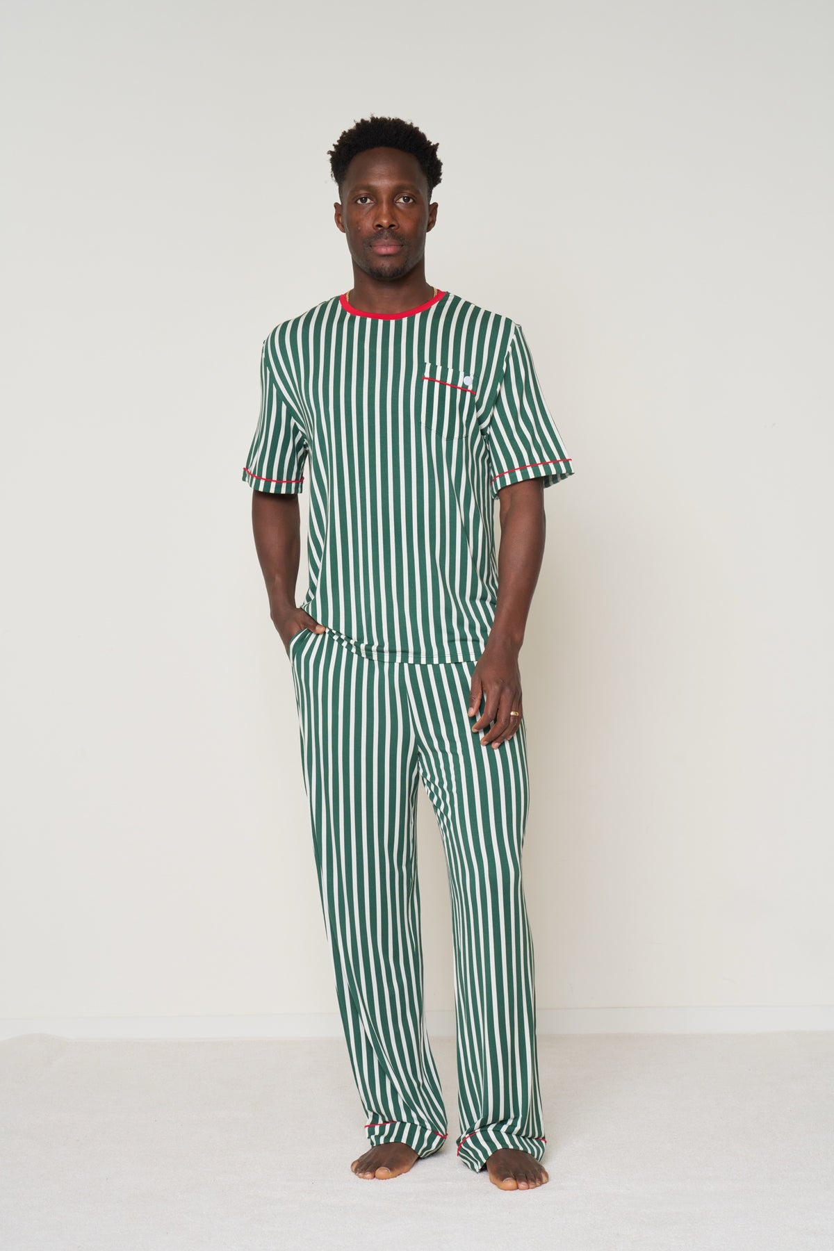 Men's Pocket T-Shirt Set Christmas - Winter Green Striped TENCEL Modal