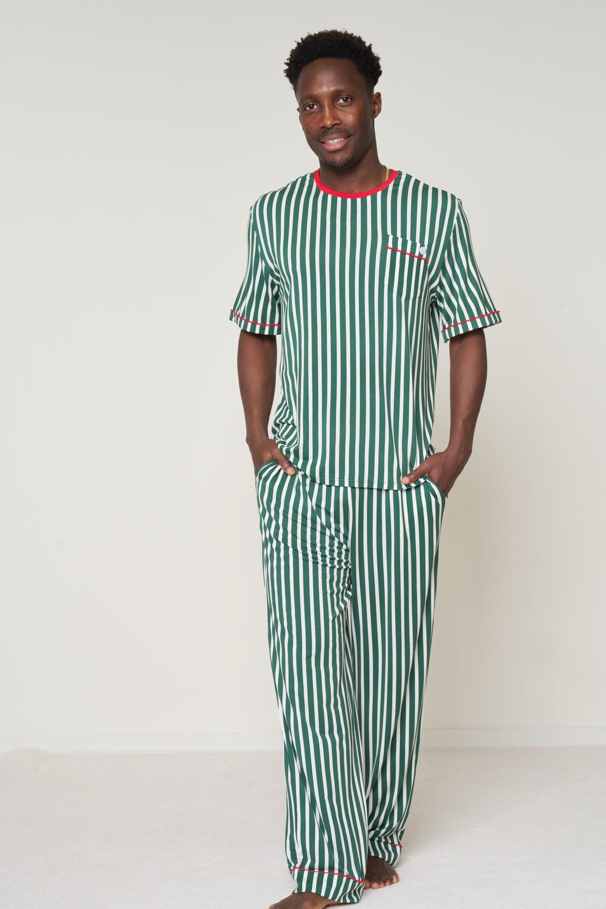 Men's Pocket T-Shirt Set Christmas - Winter Green Striped TENCEL Modal