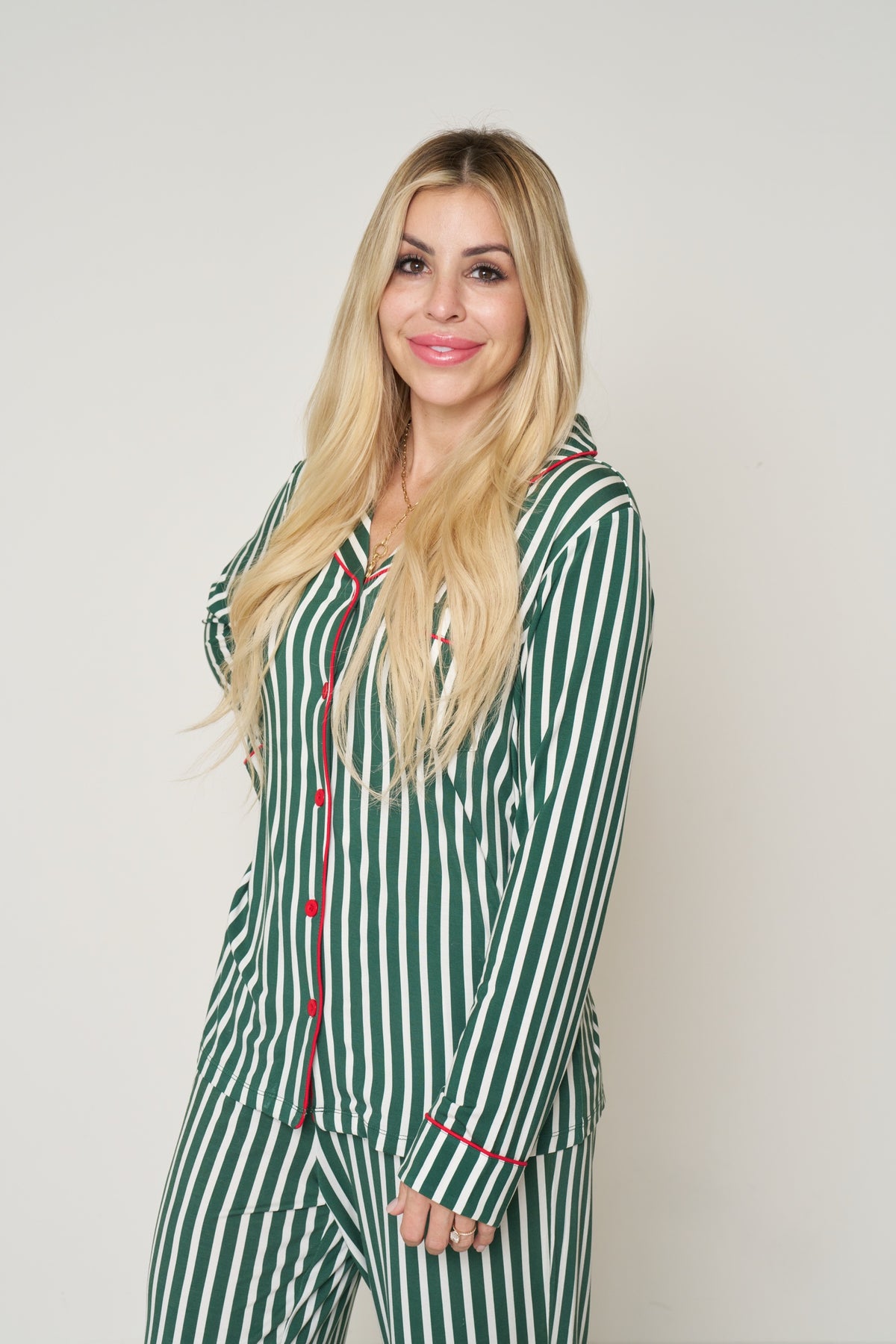Women’s Button-Up Set Christmas - Winter Green Striped TENCEL Modal